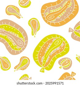 Autumn seamless pattern with abstract pumpkins, apples and pears. Perfect for T-shirt, textile and prints. Hand drawn vector illustration for decor and design.