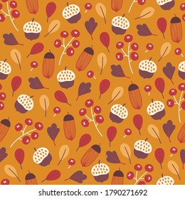 Autumn seamless pattern with acorn, berry, leaves on yellow background. Perfect for gift paper, wallpaper, seasonal holidays, greeting cards. Vector illustration