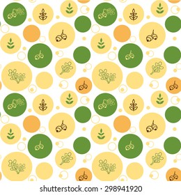 Autumn seamless pattern with acorn and  leaves in colorful round frames for wrapping paper or wallpaper.