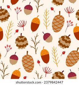 Autumn seamless pattern with acorn and pine cone. Decorative vector background.