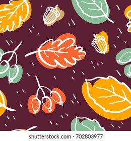 Autumn seamless pattern with acorn,leaves and berries.