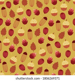 Autumn seamless pattern with acorns and cones on gold background. Perfect for wallpaper, gift paper, seasonal greeting cards. Vector illustration