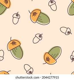 Autumn seamless pattern with acorns. Green oak acorn. Harvest. Bounty of nature. Isolated vector stock illustration EPS 10