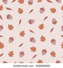 Autumn Seamless Pattern with Acorns, and Leaves. Pink Fall Nature Background for Textile, Wallpaper, Print, Decoration, Wrapping Paper. Vector illustration