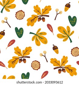 Autumn seamless pattern. Acorns, leaves, twigs and berries. Perfect for wallpaper, gift paper, template fill, web page background, autumn greeting cards. Hand drawn vector illustration.