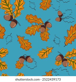 Autumn seamless pattern with acorns and leaves. Vector illustration. Modern design for fabric, wallpaper, wrapping, textile.