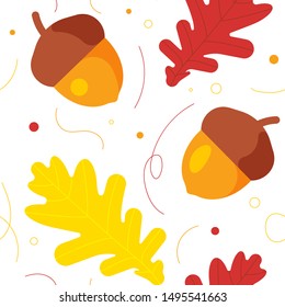 Autumn seamless pattern: acorns and oak leaves, decorative elements. Bright fresh yellow and red pattern for design of fabric, cover, poster or website.