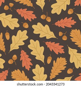 Autumn seamless pattern with acorns and oak leaves. Vector illustration on brown background. Fall ornament. Foliage print for fabric, package, wrapping, wall art. Red, orange, yellow colors.
