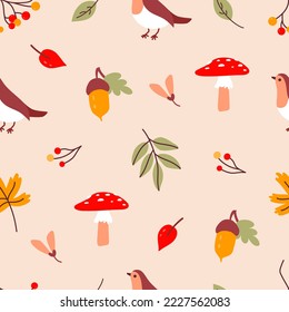 Autumn seamless pattern with acorns, oak leaves, birds, plants, berries and mushrooms. Perfect for wallpaper, gift paper, pattern fills, web page, background, greeting cards