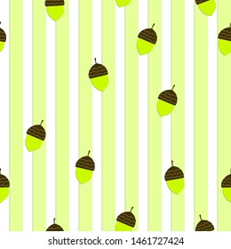 Autumn seamless pattern with acorns on striped colorful background. Light green vector illustration for fabric, textile wallpaper, posters, gift wrapping paper. Doodle style.