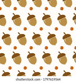 Autumn seamless pattern with acorns  on white background. Modern seasonal design for banners, cards, wallpaper, textile, clothes. Vector flat design