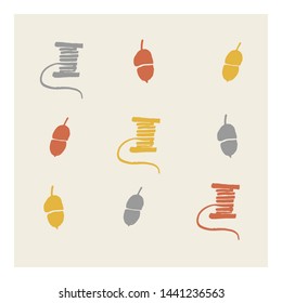 Autumn seamless pattern with acorns and thread in orange, yellow, beige, grey colors. Vector hand drawn illustration, print and web, greeting card, poster, t shirt, etc