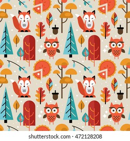 Autumn seamless pattern with animals and trees for graphic and web design