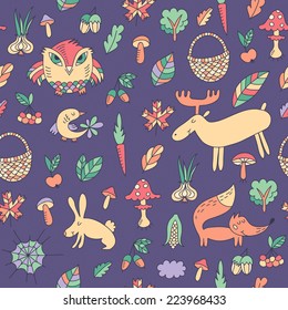 Autumn seamless pattern with animals. Vector illustration