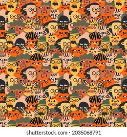 autumn seamless pattern - 
apathetic faces of mixed-race people.Diversity of people - young,old,children,non-binary,lgbt.80s psychedelic bizarre style.Template for printing paper and fabric