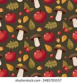 Autumn seamless pattern. Apple, mushroom, leaves and berries.