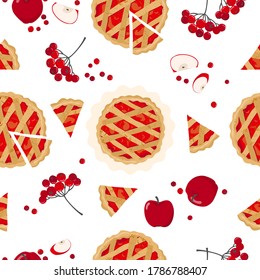 Autumn seamless pattern: Apple pie, red berries, red apples and slices. a piece of pie. Vector, white background.