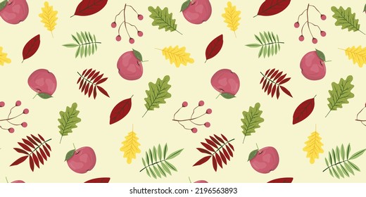 Autumn seamless pattern with apples and leaves. 