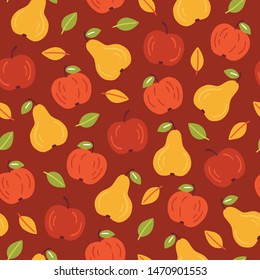 Autumn seamless pattern with apples and pears. Flat vector illustration in cartoon style. Hand drawn fall backdrop on red background. Bright graphic print for wrapping paper, textile, wallpaper. 