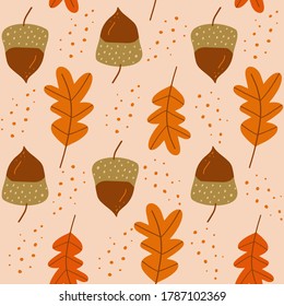 Autumn seamless pattern. Autumn art print with acorns. Modern fall seasonal decor. Botany design for wrapping paper, fabrics, covers and cards. 