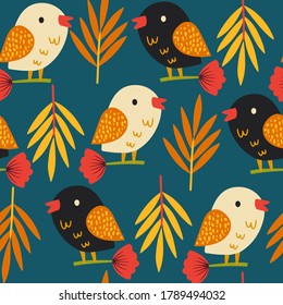 Autumn seamless pattern. Autumn art print with birds. Modern fall seasonal decor. Botany design for wrapping paper, fabrics, covers and cards.