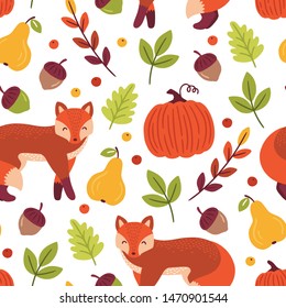Autumn seamless pattern with baby fox, pumpkin, acorns, leaves and branches. Flat vector illustration in cartoon style. Cute graphic print for nursery design, wrapping paper. 