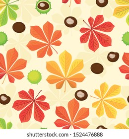 Autumn seamless pattern. Autumn background with chestnuts and chestnut leaves. Chestnuts peeled and whole with green skin. Vector illustration of a cartoon in a flat design.