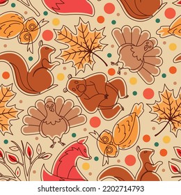 Autumn seamless pattern background with different animals stickers Vector