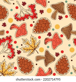 Autumn seamless pattern background with mushrooms and nuts stickers Vector