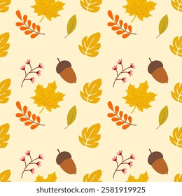 Autumn seamless pattern background. Tropical leaves illustration pattern. Autumn background. Perfect for fashion clothes, shirt, fabrics, textiles, wallpaper, decor, illustration, print, packaging. 