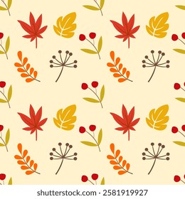 Autumn seamless pattern background. Tropical leaves illustration pattern. Autumn background. Perfect for fashion clothes, shirt, fabrics, textiles, wallpaper, decor, illustration, print, packaging. 