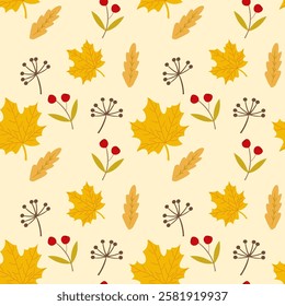 Autumn seamless pattern background. Tropical leaves illustration pattern. Autumn background. Perfect for fashion clothes, shirt, fabrics, textiles, wallpaper, decor, illustration, print, packaging. 