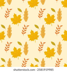 Autumn seamless pattern background. Tropical leaves illustration pattern. Autumn background. Perfect for fashion clothes, shirt, fabrics, textiles, wallpaper, decor, illustration, print, packaging. 