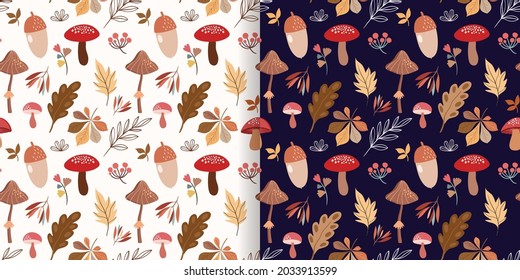 Autumn seamless pattern, background, wallpaper with seasonal design, leaves mushrooms and plants
