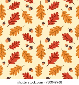 Autumn Seamless Pattern Background Yellow Oak Leaves Ornament Fall Season Flat Vector Illustration