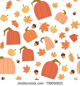 Autumn Seamless Pattern Background Yellow Leaves And Pumpkins Ornament Fall Season Flat Vector Illustration