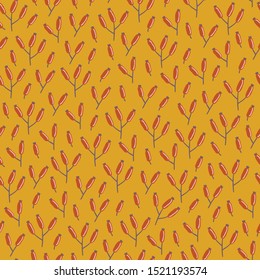 Autumn seamless pattern with barberry berries on mustard background. Scandinavian style. Perfect for greeting cards, wallpaper, gift paper, seasonal decorations