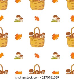 Autumn seamless pattern, basket with mushrooms and falling leaves on a white background.
