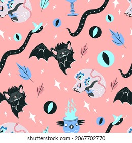 Autumn Seamless pattern with bat, skull, snake, eye and fiery goblet. Cute spooky vector illustration. Hand drawn endless texture for textile, wrapping paper, fabric design. Halloween