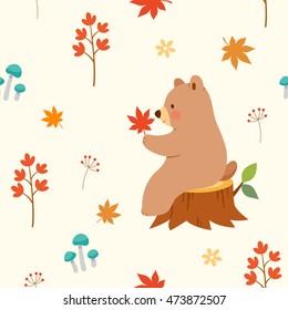 Autumn seamless pattern with bear