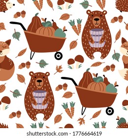 Otoño patrón sin fisuras con oso, zorro, erizo, carretilla, verduras y frutas aisladas en fondo blanco. Puede utilizarse para tejidos, envolturas, textiles, papel pintado, prendas de vestir. 