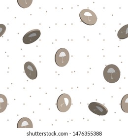 Autumn seamless pattern with beige coins and umbrellas on white polka dots background. Template design for invitation, poster, card, flyer, banner.