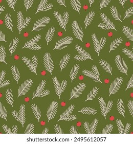 Autumn seamless pattern with berries and fir branches on green background. Perfect for seasonal greetings, wallpaper, wrapping paper, fabric. Vector illustration