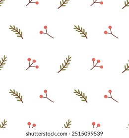 Autumn seamless pattern with berries and fir branches on white background.