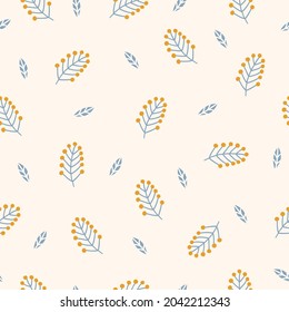 Autumn seamless pattern with berries and leaves on white background. Perfect for wallpaper, wrapping paper, fabric, seasonal holidays. Hand drawn vector illustration