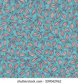 Autumn seamless pattern with berries, leaves and branches in vector. Forest blue background can be used for textile design, wallpapers and wrapping paper 