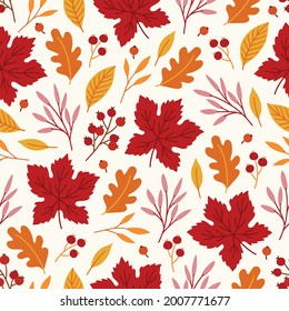 Autumn seamless pattern with berries, maple and oak leaves on white background. Perfect for wallpaper, wrapping paper, fabric, seasonal holidays. Hand drawn vector illustration