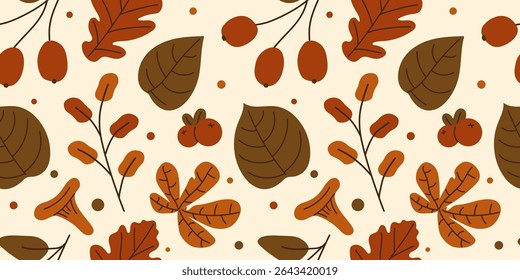 Autumn seamless pattern with berries, muscrooms, leaves. Perfect for fall print, fabric, wrapping paper and more. Vector illustration