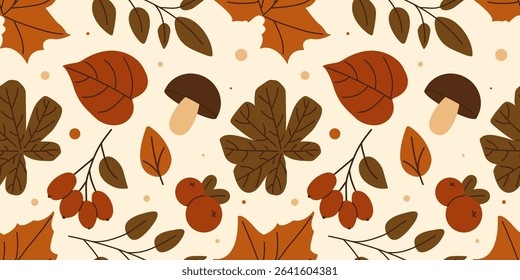Autumn seamless pattern with berries, mushrooms and colorful leaves. Perfect for fall print, fabric, textile, material and more. Vector illustration