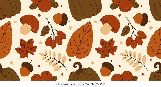 Autumn seamless pattern with berries, mushrooms, acorn, colorful leaves. Perfect for fall print, fabric, wrapping paper, wallpaper and more. Vector illustration